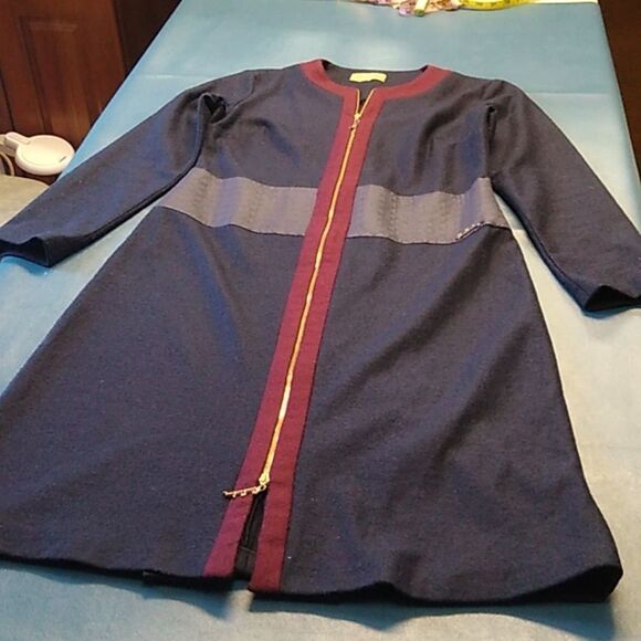 Pierre Cardin Wool Blend Gold Tone Zipper Front Burgundy/Navy Midi Dress - Picture 7 of 13